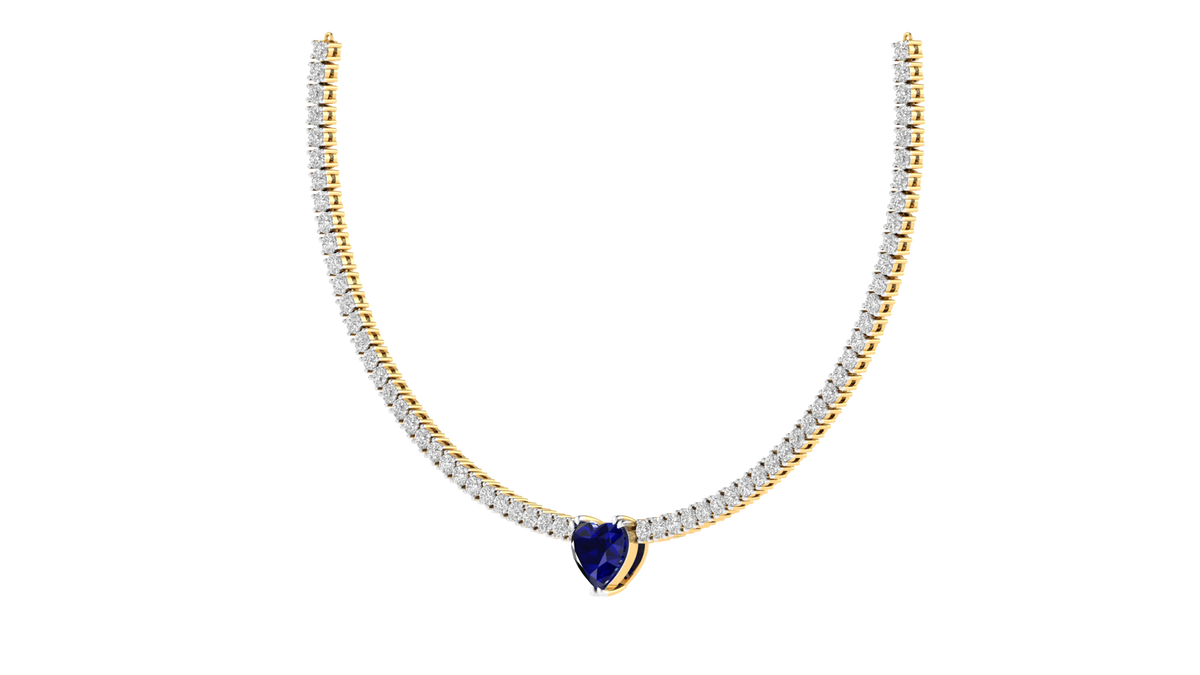 Lab Grown 10 cents tennis Necklace with Blue heart - Gold