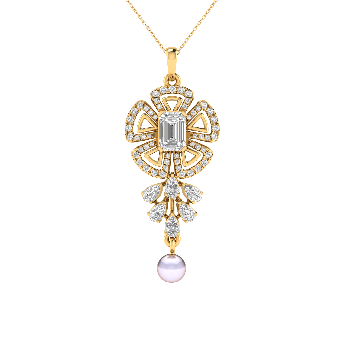 Lab Grown Fancy flower with pearl hanging pendant - Gold