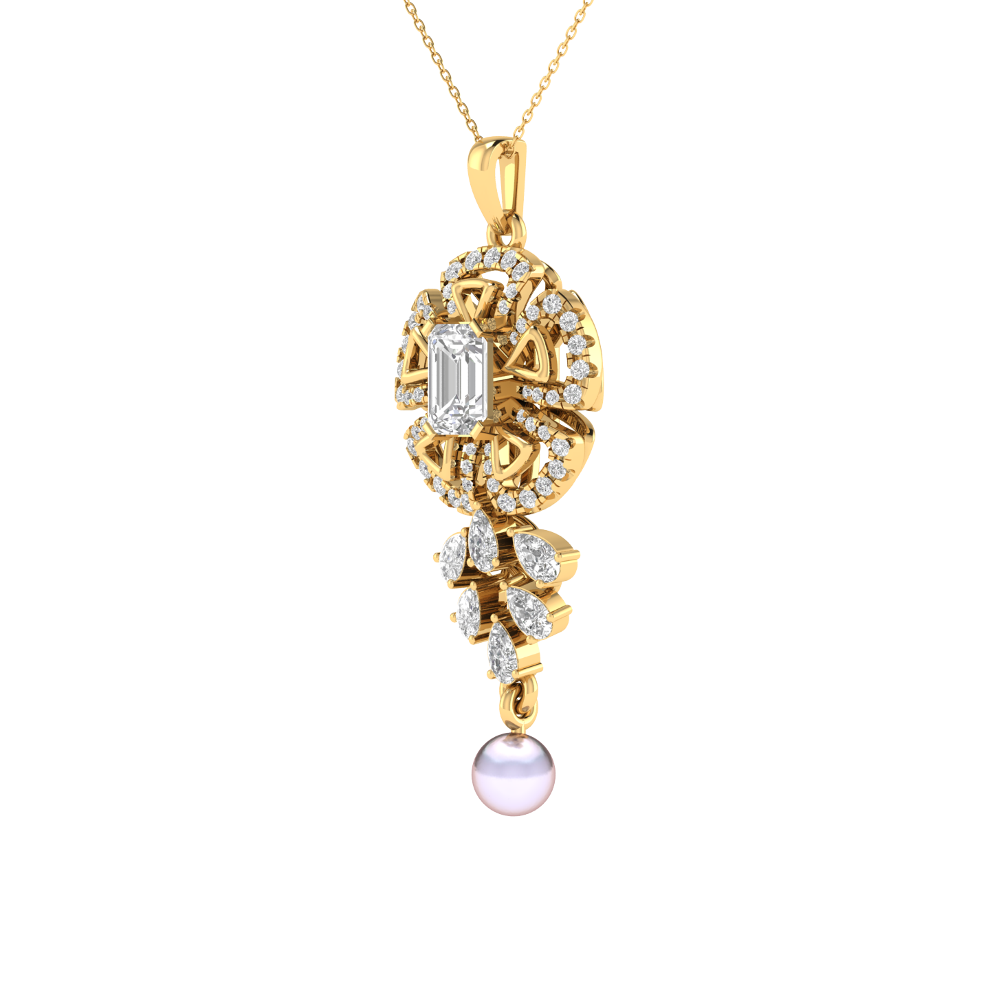 Lab Grown Fancy flower with pearl hanging pendant - Gold