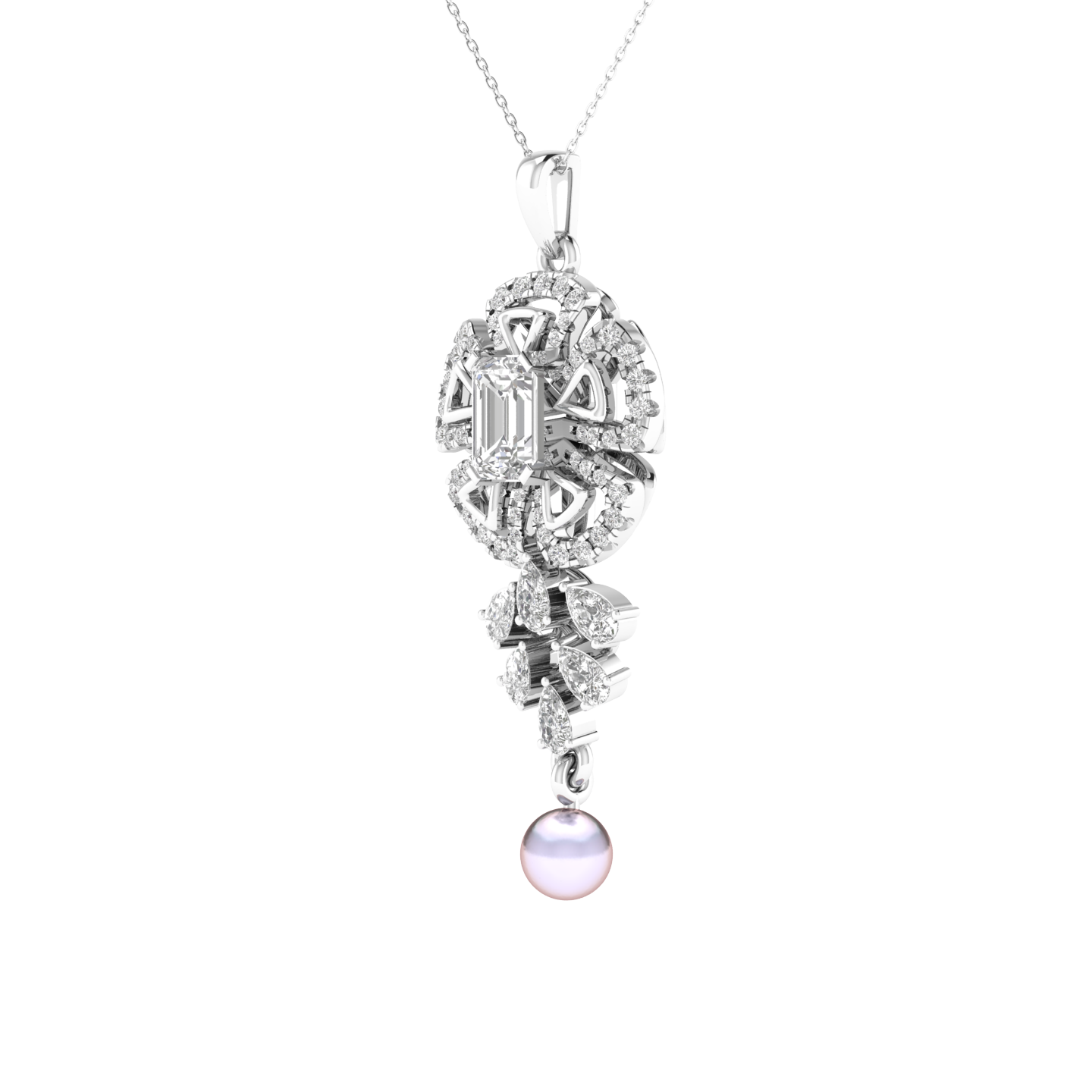 Lab Grown Fancy flower with pearl hanging pendant - White