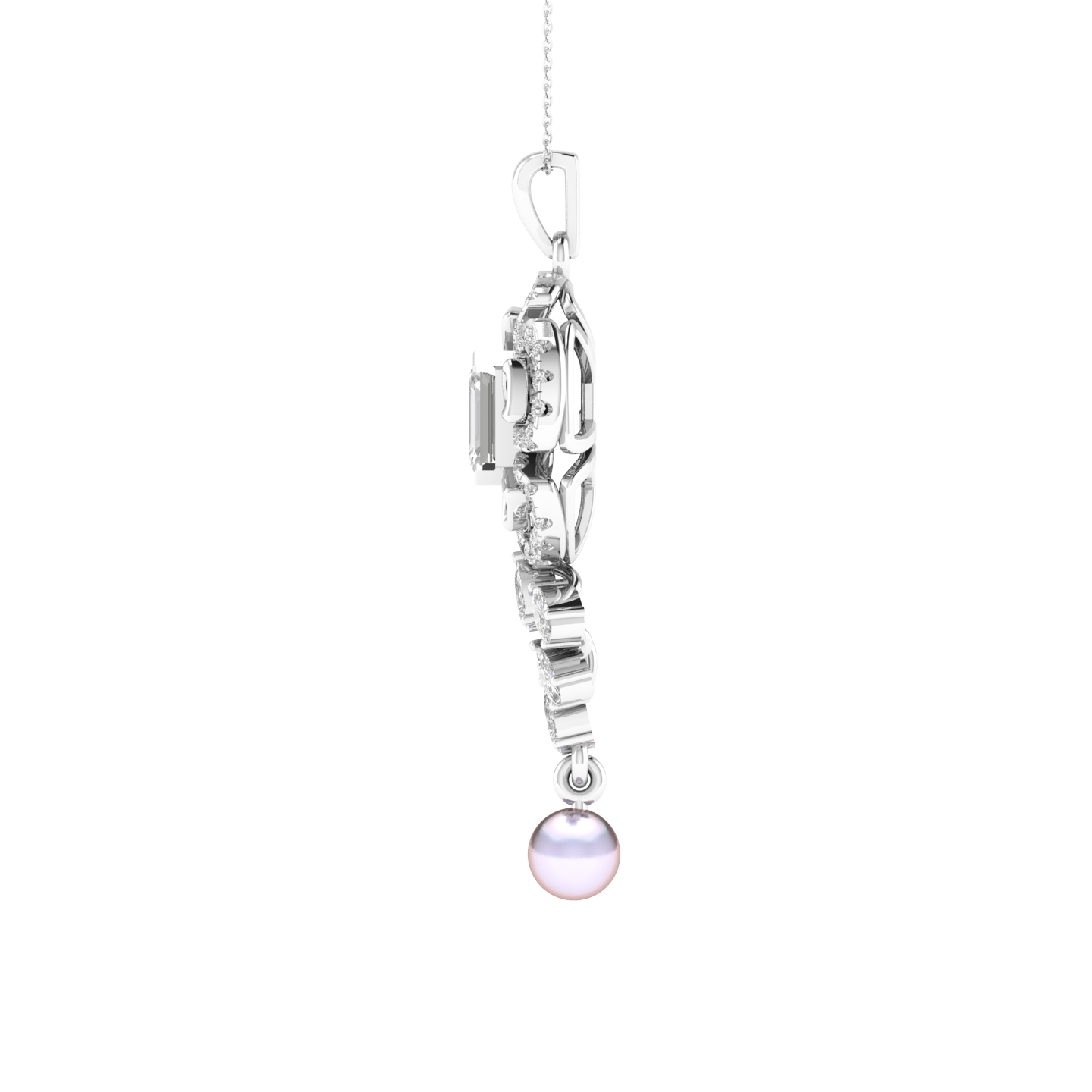 Lab Grown Fancy flower with pearl hanging pendant - White