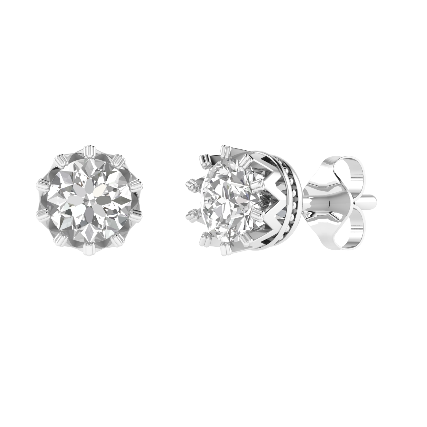Crown setting round solitaire earrings - White