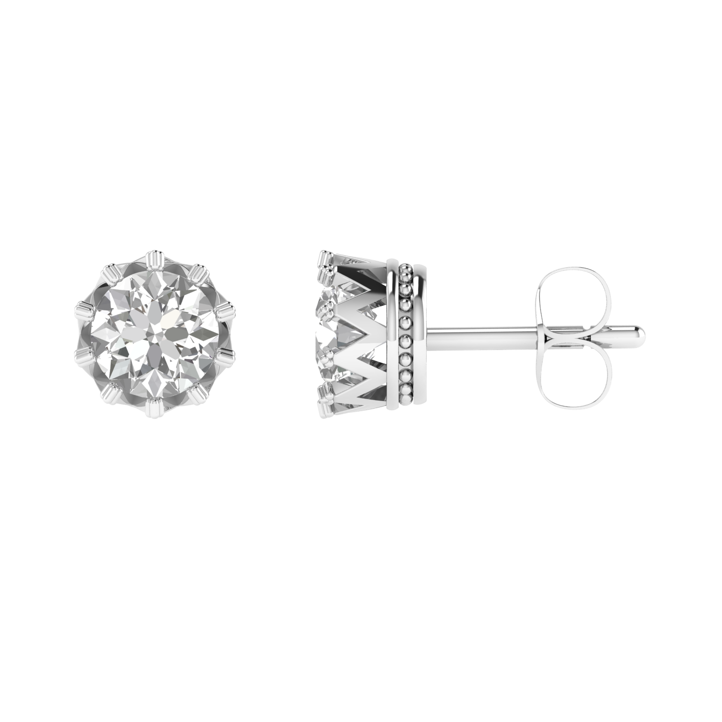 Crown setting round solitaire earrings - White