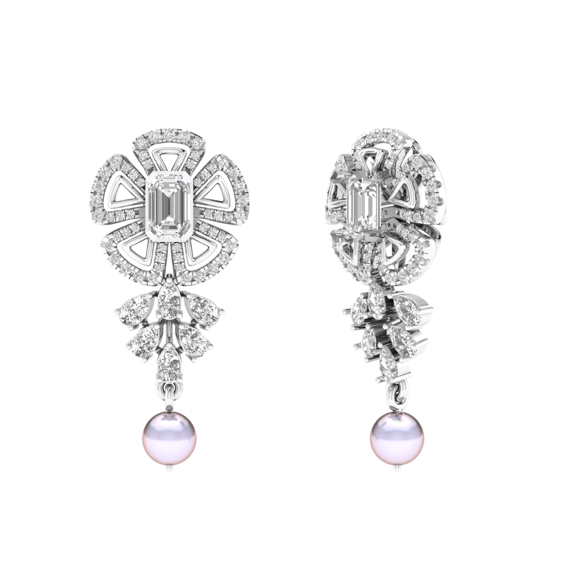 Flower with hanging pearl earrings - White