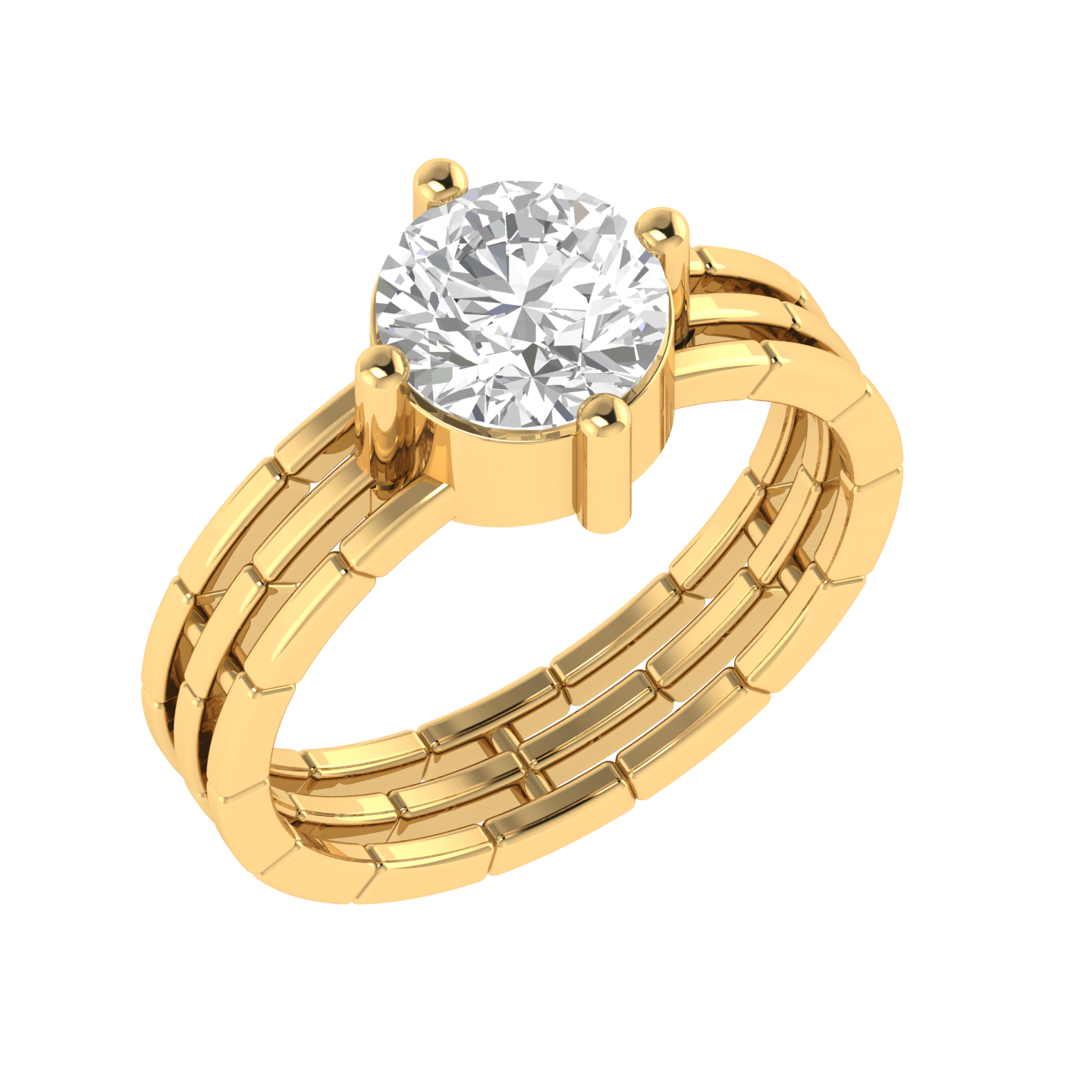 Round Solitaire Three Line Ring - Gold