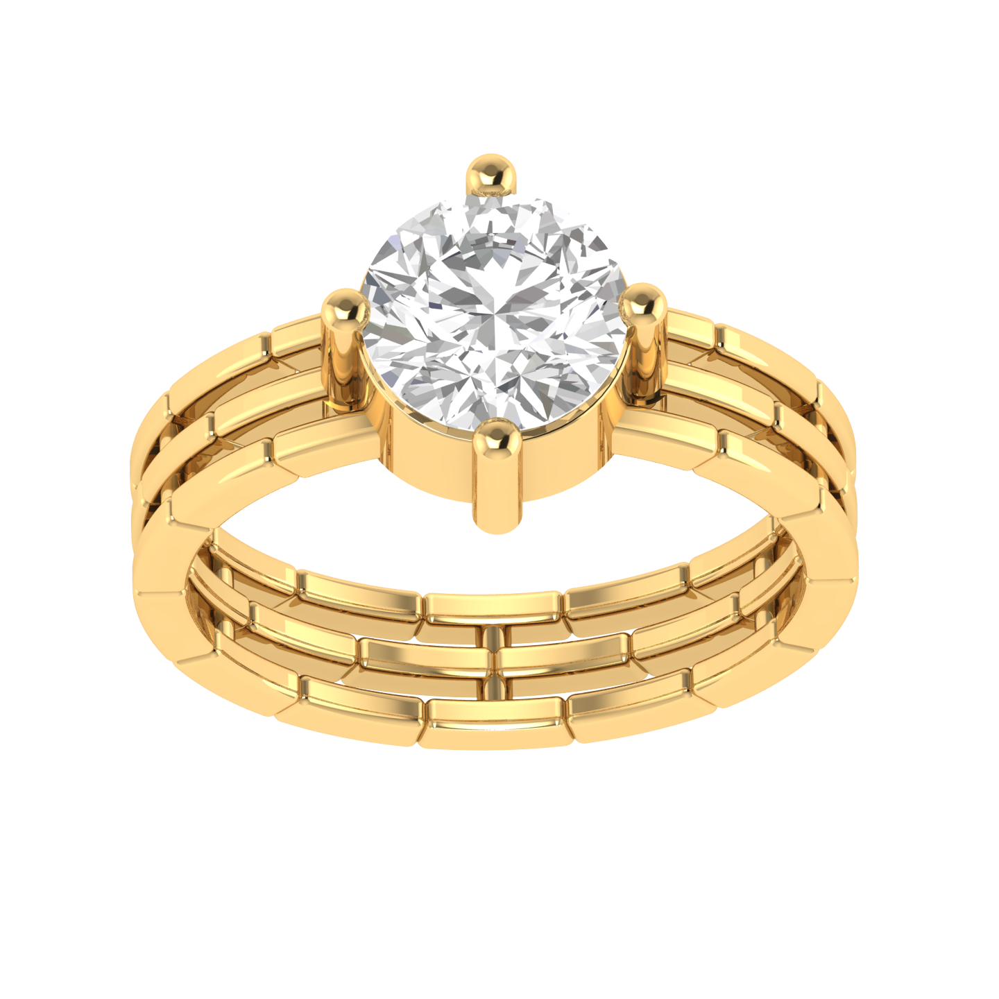 Round Solitaire Three Line Ring - Gold
