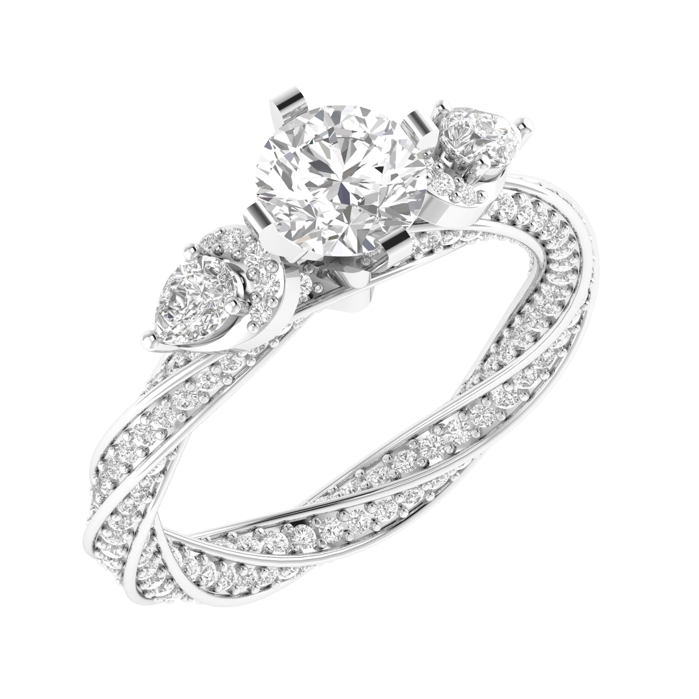 Round Solitaire Twisted Band Ring - White