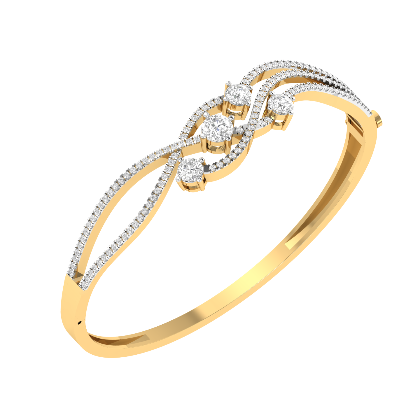 Lab Grown wave Kada with round solitaires - Gold