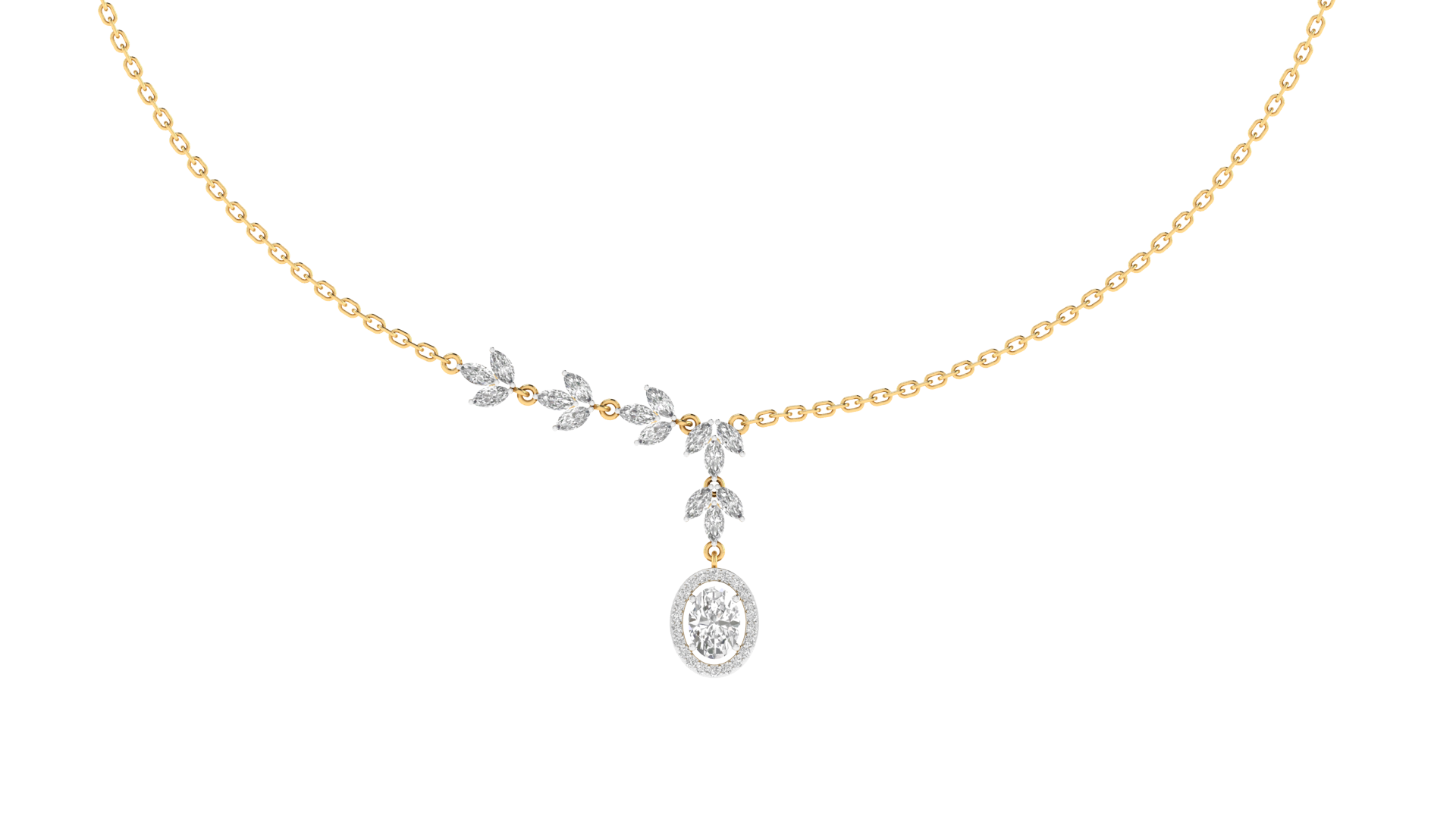 Lab Grown Halo Oval with leaf details Necklace - Gold