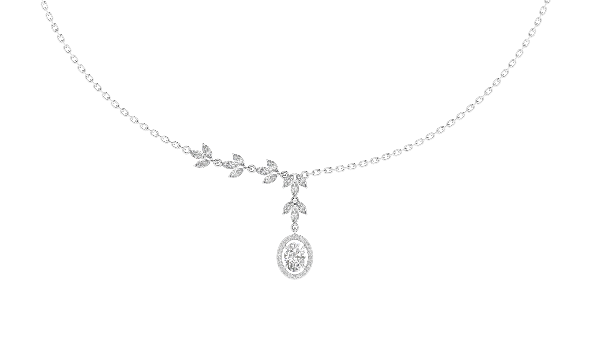 Lab Grown Halo Oval with leaf details Necklace - White
