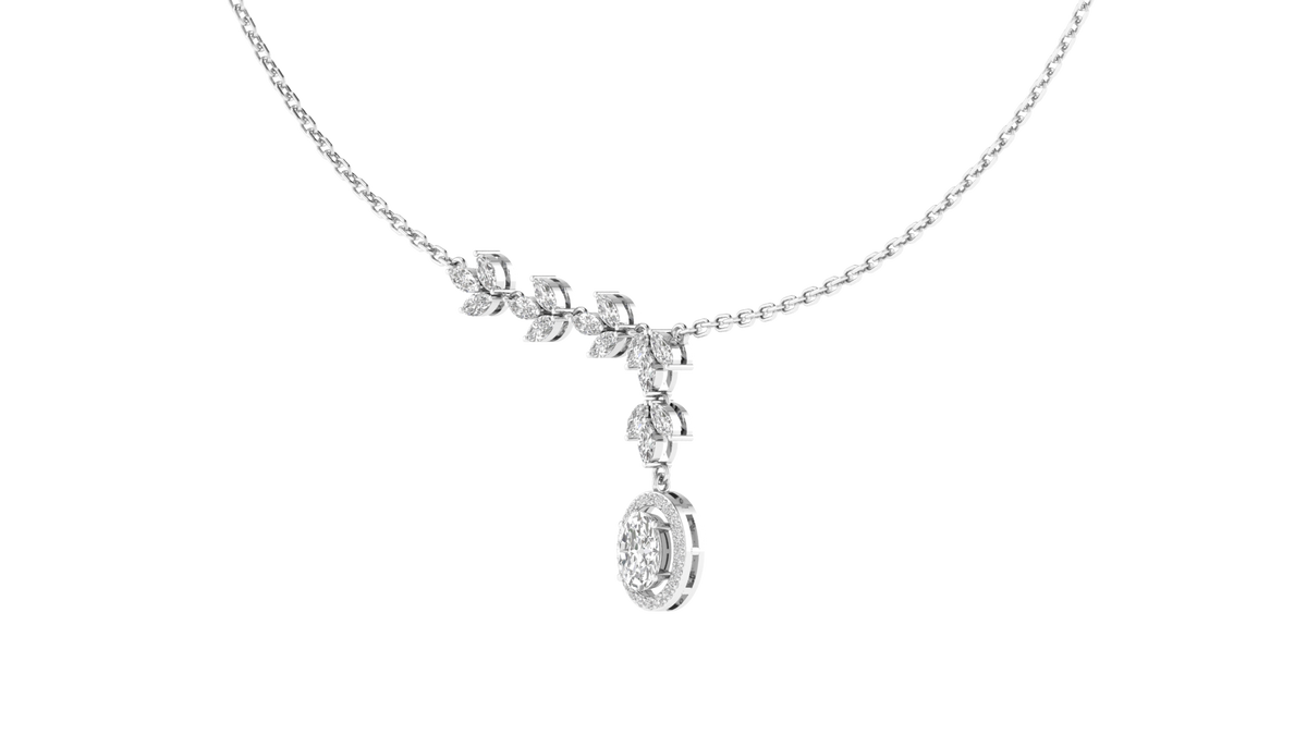 Lab Grown Halo Oval with leaf details Necklace - White