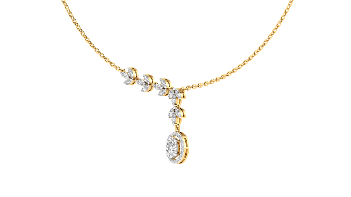 Lab Grown Halo Oval with leaf details Necklace - Gold