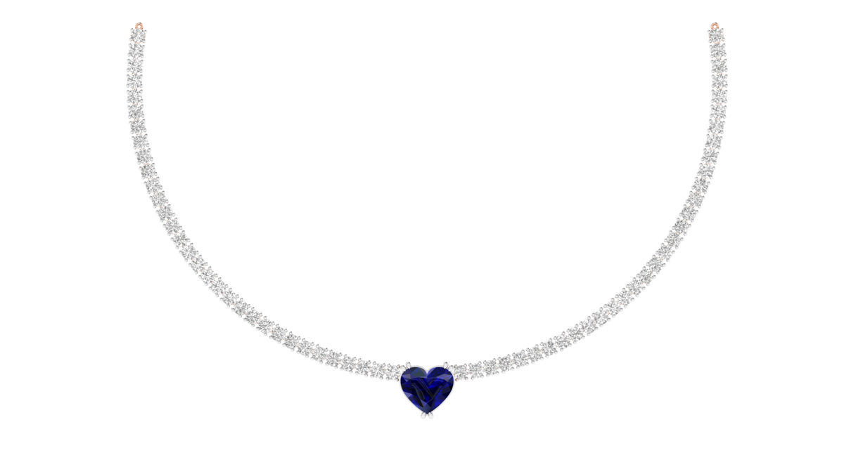 Lab Grown 10 cents tennis Necklace with Blue heart - White