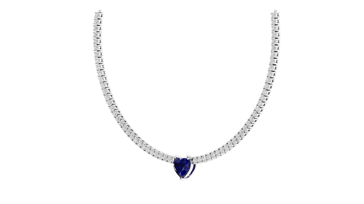 Lab Grown 10 cents tennis Necklace with Blue heart - White
