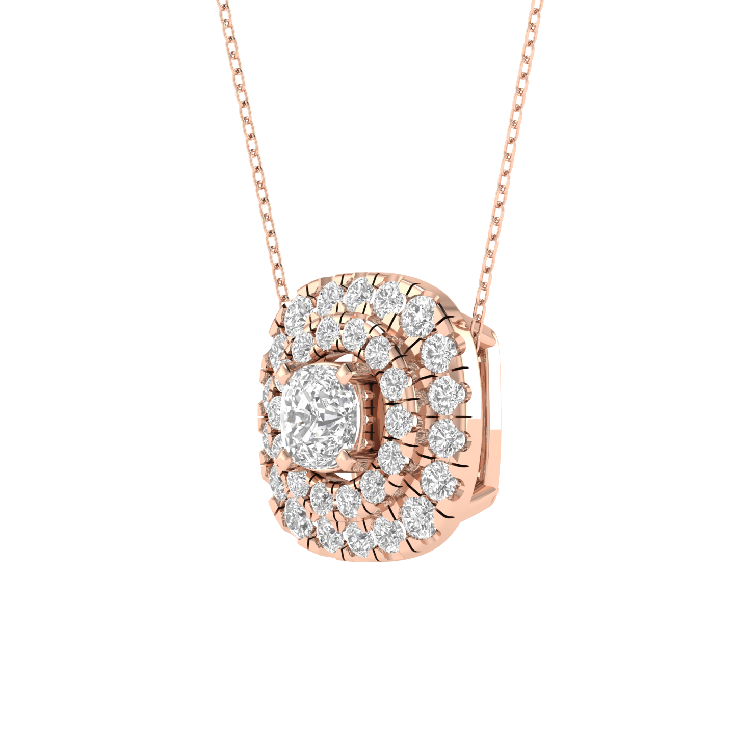 Lab Grown Cushion soliatire with small diamonds pendant - Rose