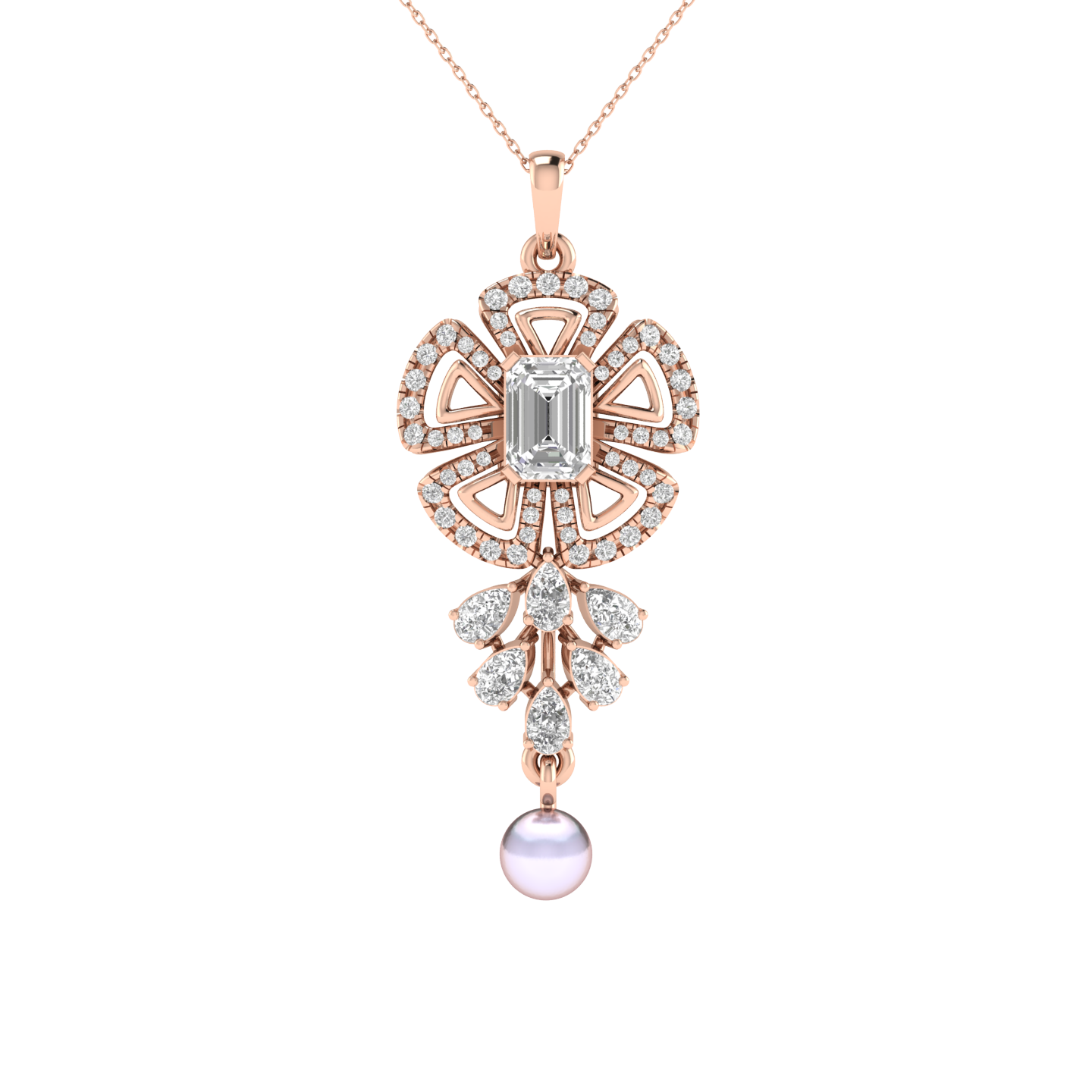 Lab Grown Fancy flower with pearl hanging pendant - Rose