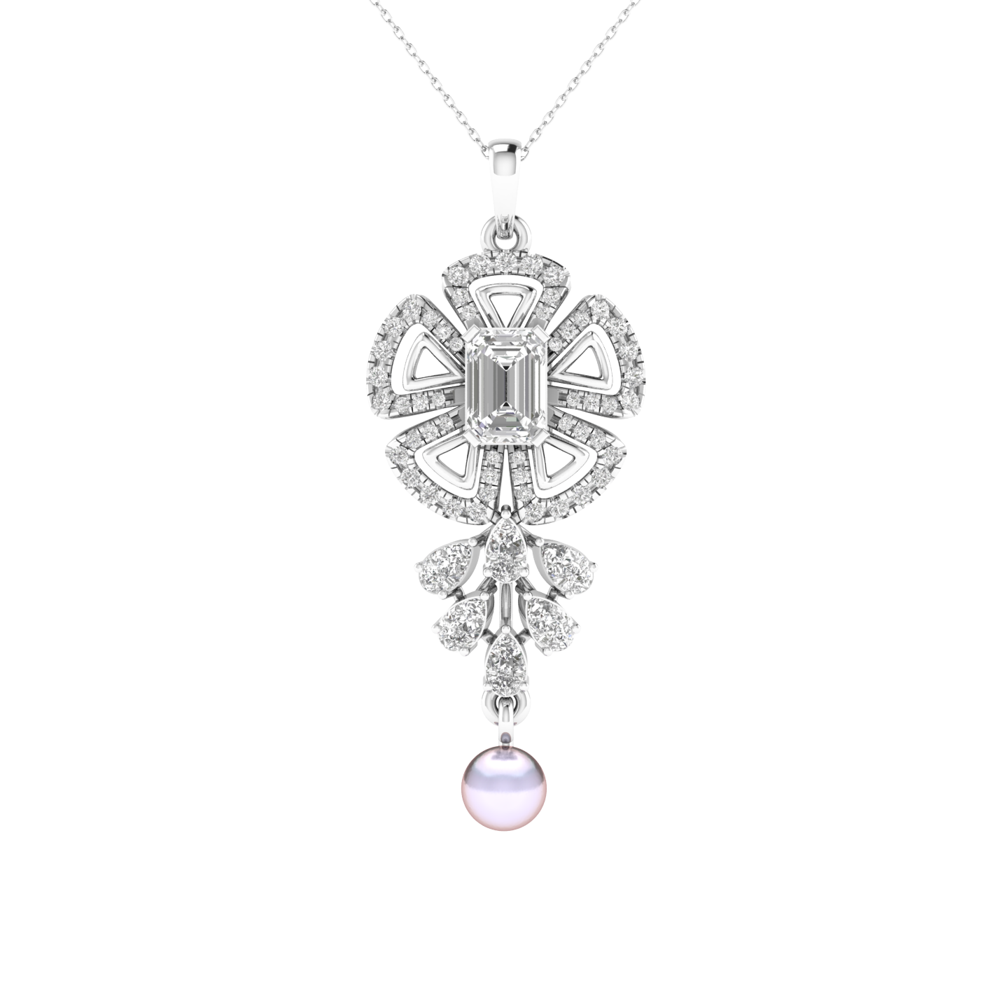 Lab Grown Fancy flower with pearl hanging pendant - White