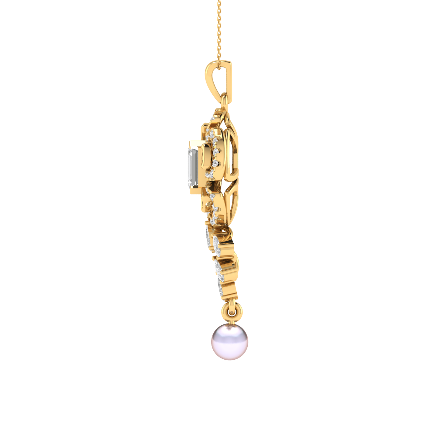 Lab Grown Fancy flower with pearl hanging pendant - Gold
