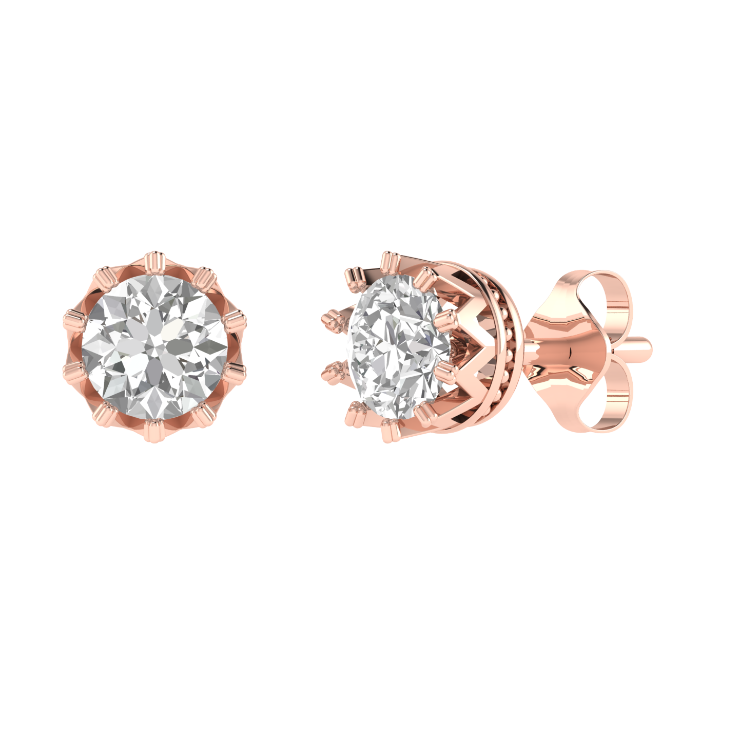 Crown setting round solitaire earrings - Rose