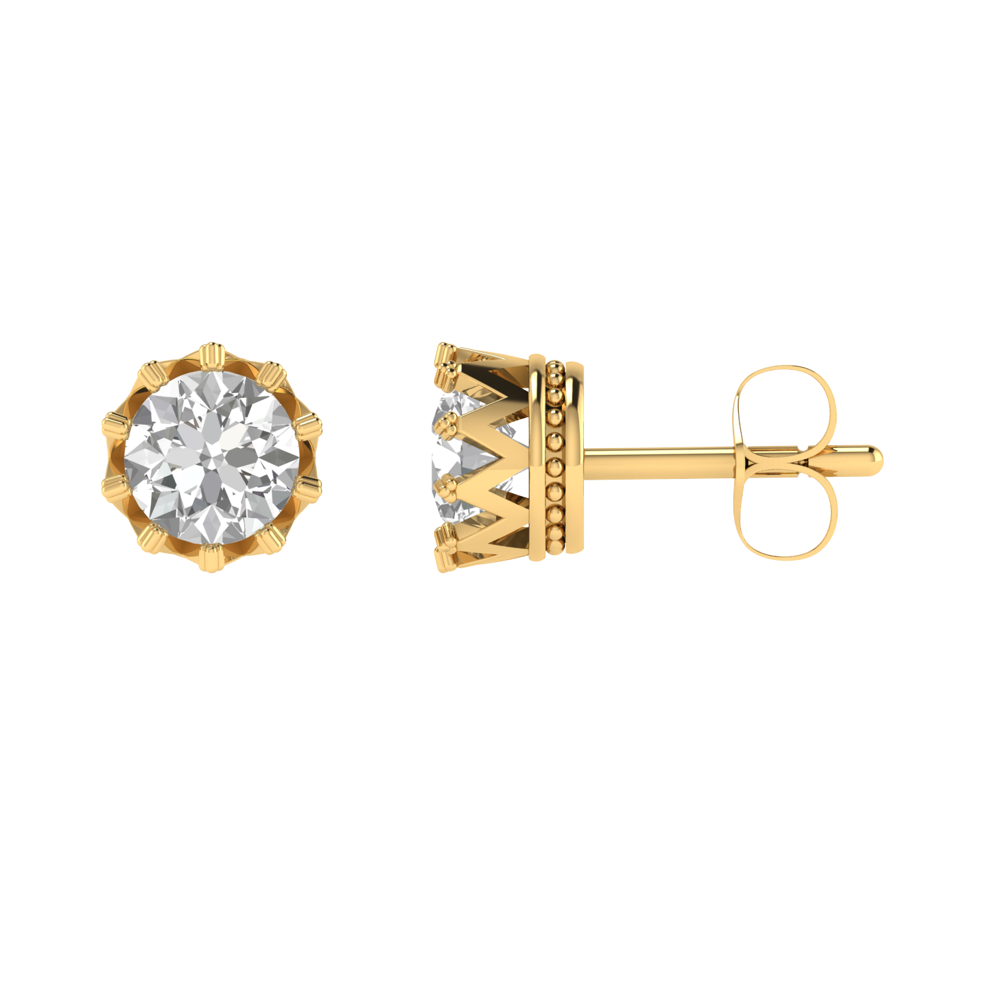 Crown setting round solitaire earrings - Gold
