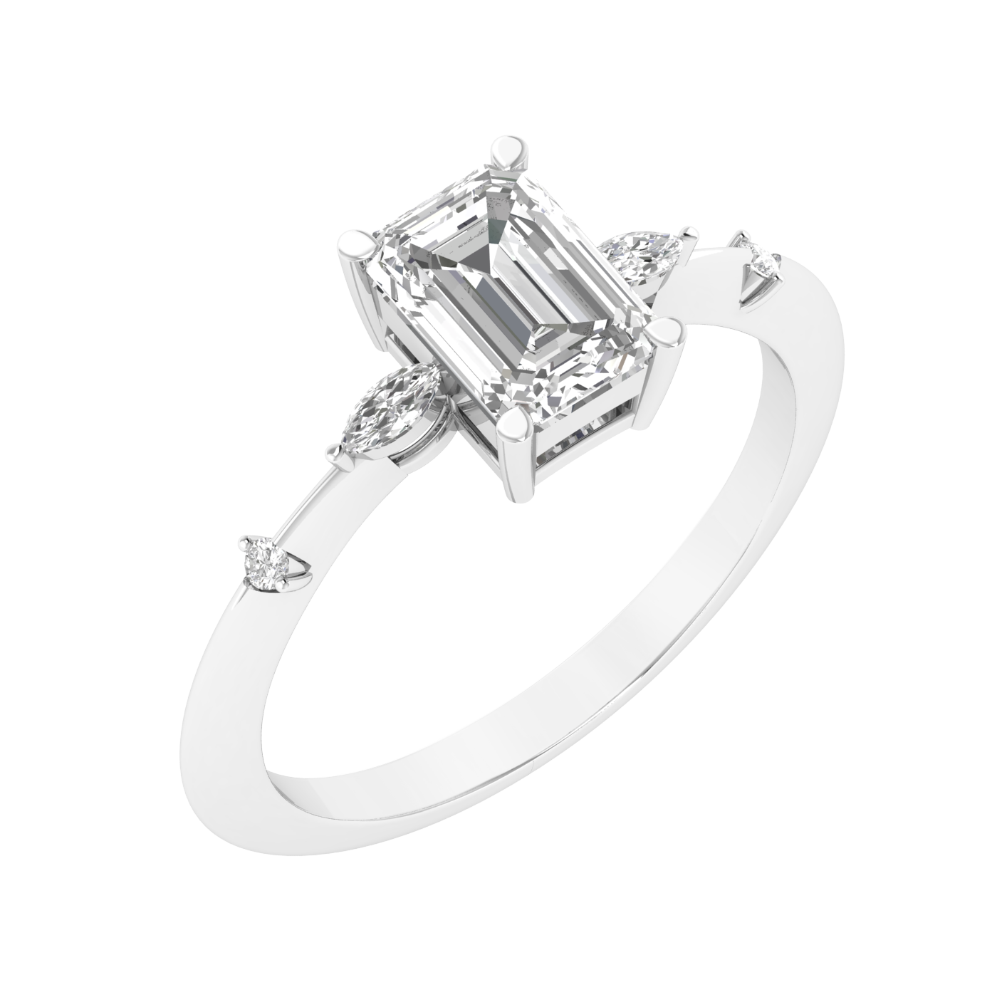 Emerald Solitaire Ring with Studded Shank - White
