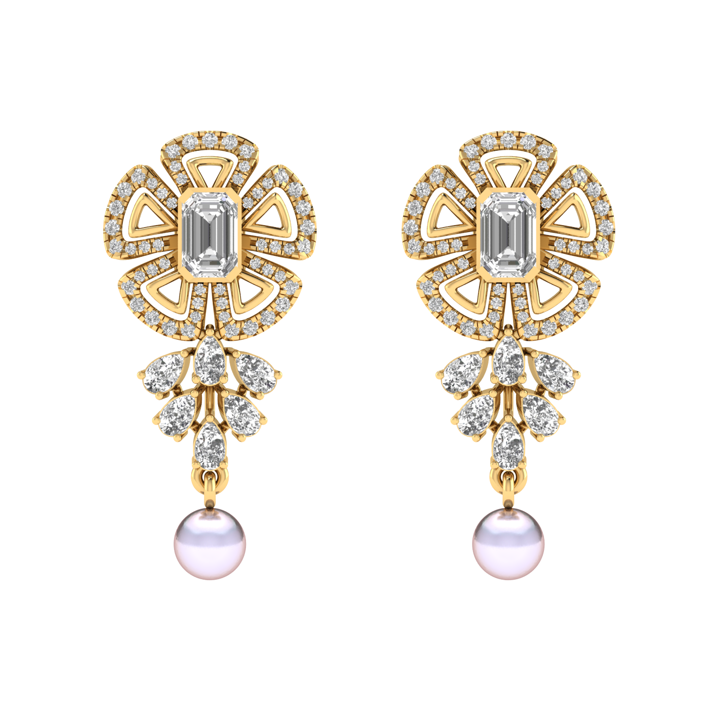 Flower with hanging pearl earrings - Gold