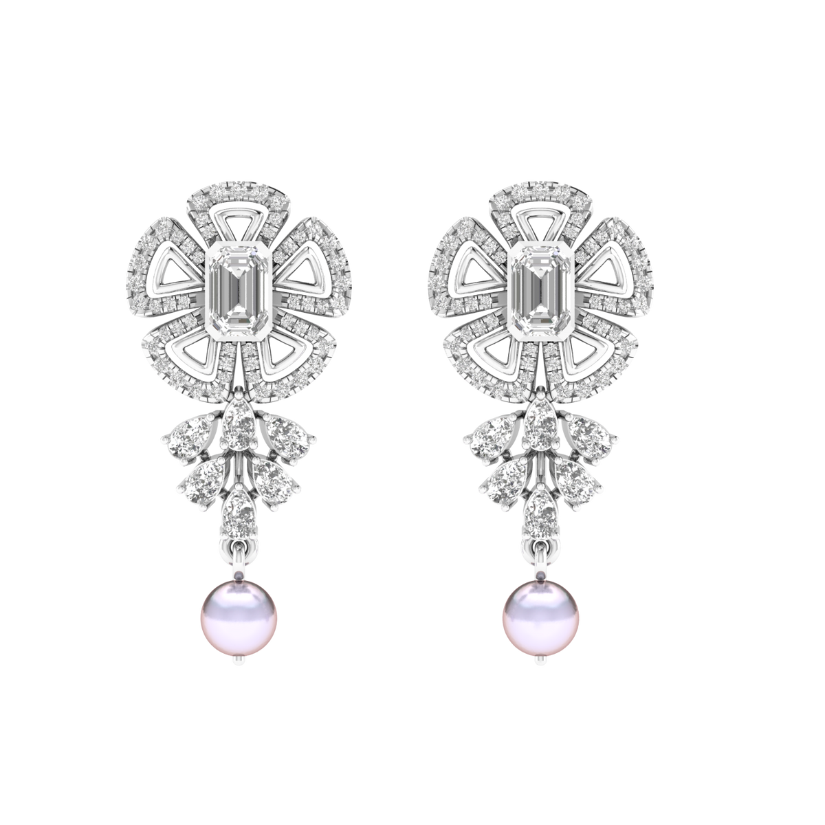 Flower with hanging pearl earrings - White