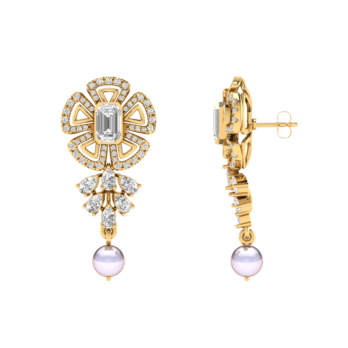 Flower with hanging pearl earrings - Gold