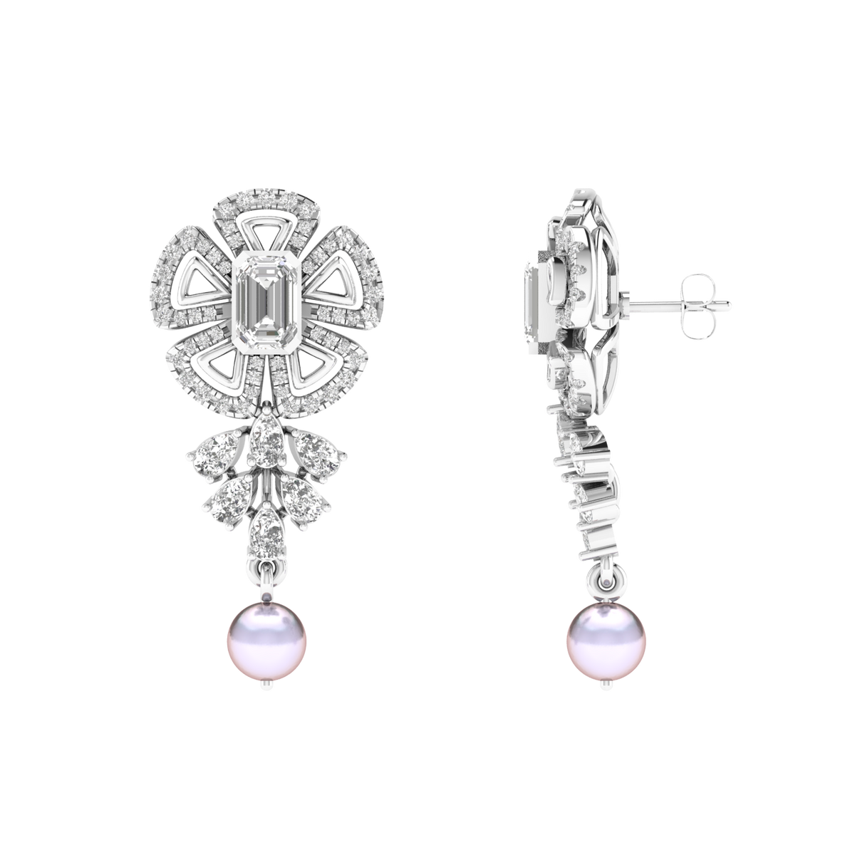 Flower with hanging pearl earrings - White