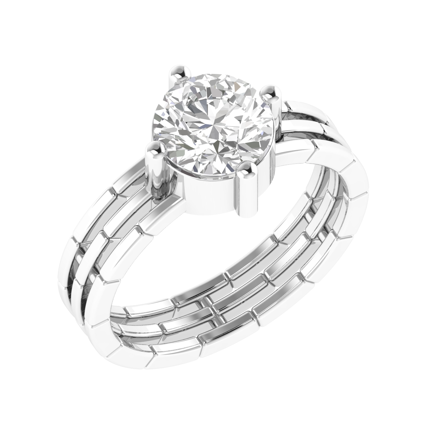 Round Solitaire Three Line Ring - White