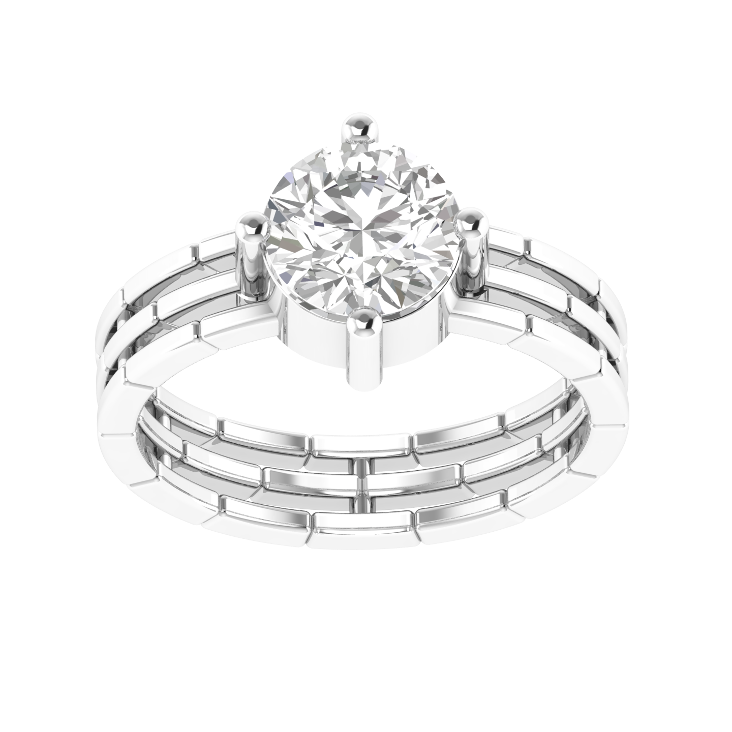 Round Solitaire Three Line Ring - White